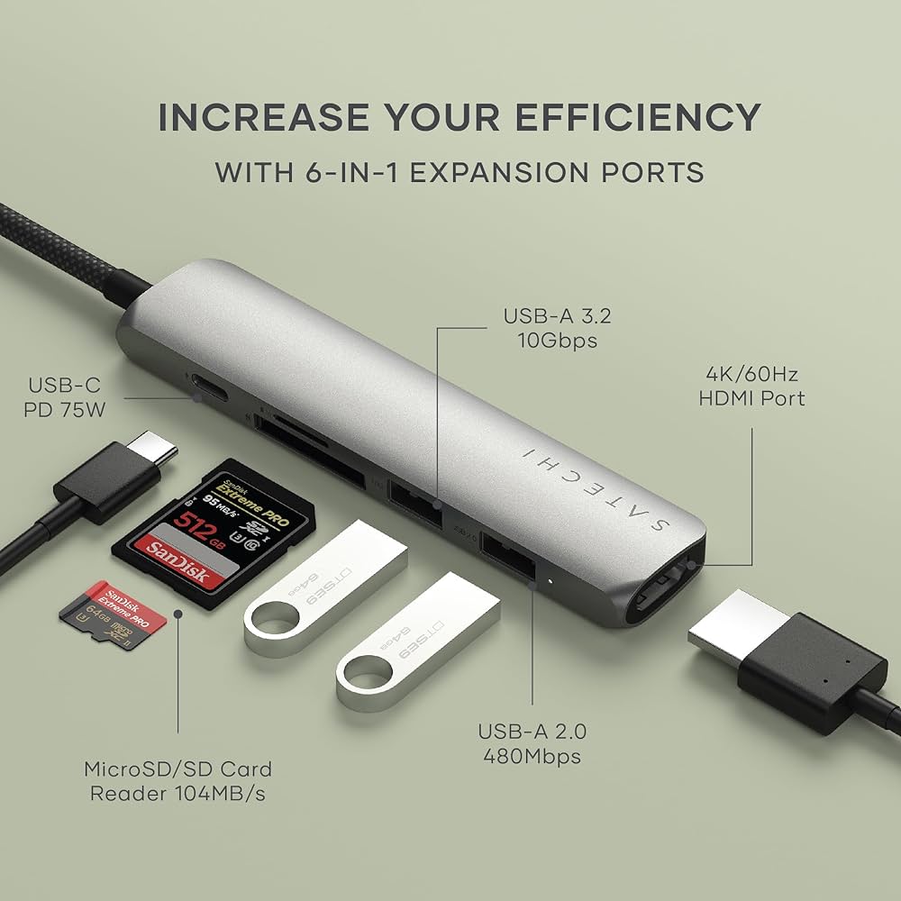 分配器・切替器 Satechi 6-in-1 USB-C Multiport Adapter Amazon.com: Satechi 6 in 1 USB C Hub Multiport Adapter with
