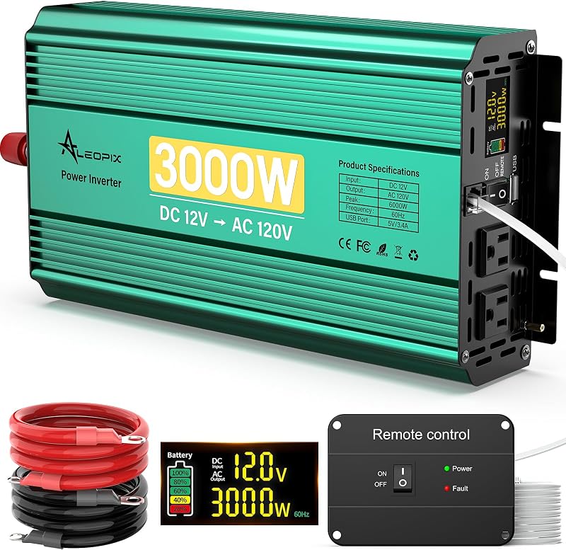 3000 Watt Inverter 12V to 110V/120V 6000W Peak Truck Power Inverter for Vehicles, Modified Sine Wave AC to DC Converter for RV Home with 2 AC Outlets 3.4A USB Port LED Didplay Remote Controller