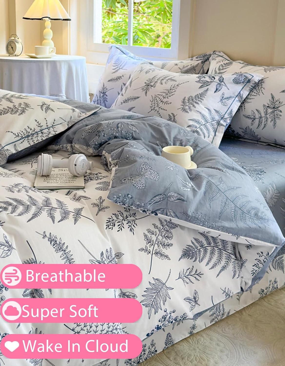 100% Pure Washed Cotton Floral Pattern Duvet Cover Set Queen Size Bedding Set Feel Super Soft Comfy Vintage Fall Comforter Cover Set (Comforter Not Included,lanyu, Queen)
