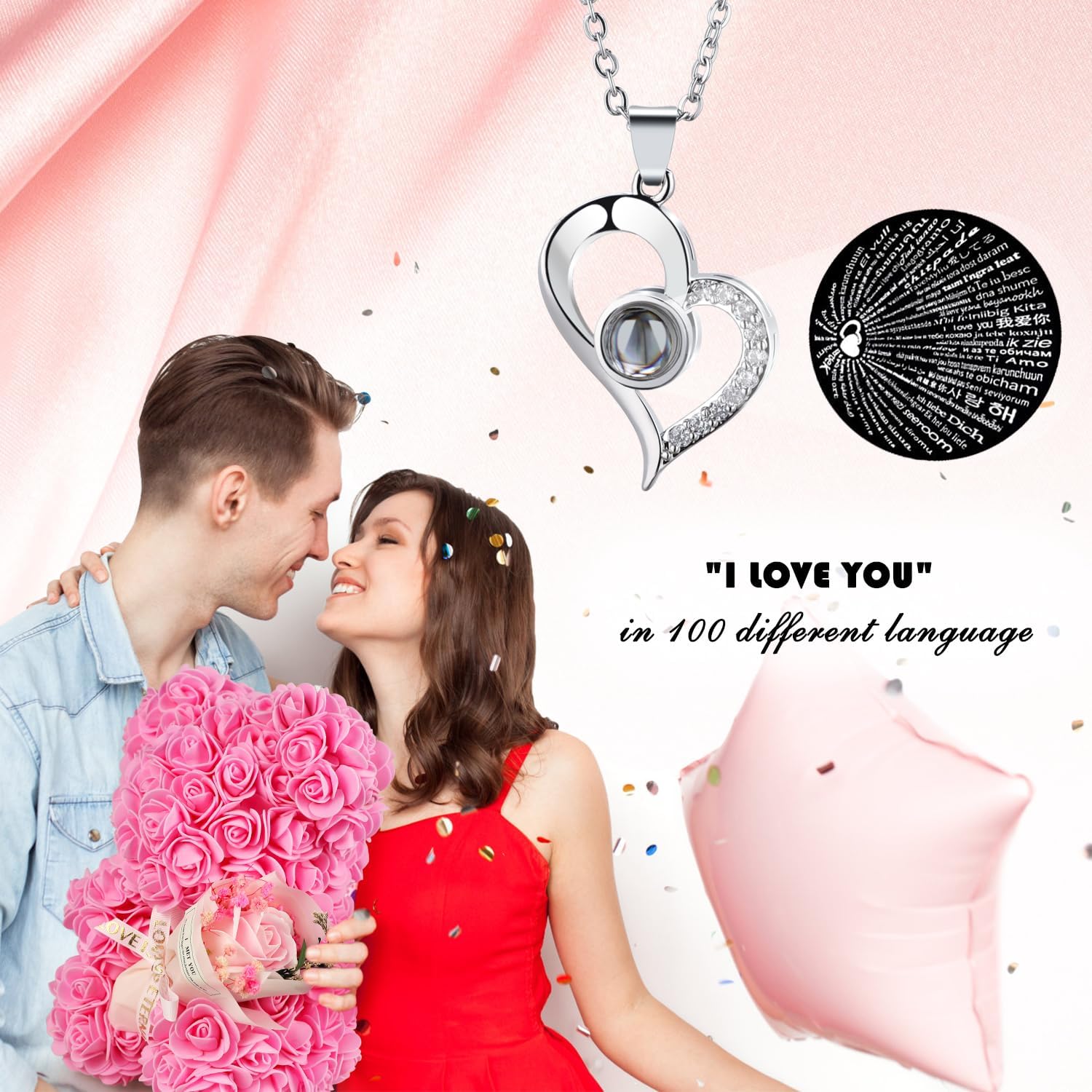 Valentine's Day Gift for Her Rose Bear Pink Rose Teddy Bear Birthday Gifts for Women Wife Daughter Girlfriend,Flower Bear with Rose Bouquet and I Love You Necklace - Image 3