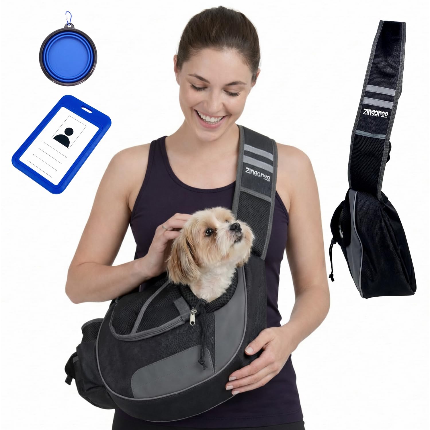 Photo 1 of Hands-Free Sling Pet Carrier for Cats and Small Dogs up to 10lbs – Travel Set Includes Foldable Water Bowl & ID Card – Breathable Mesh, Safety Hook & Adjustable Padded Strap for Walking & Travel
