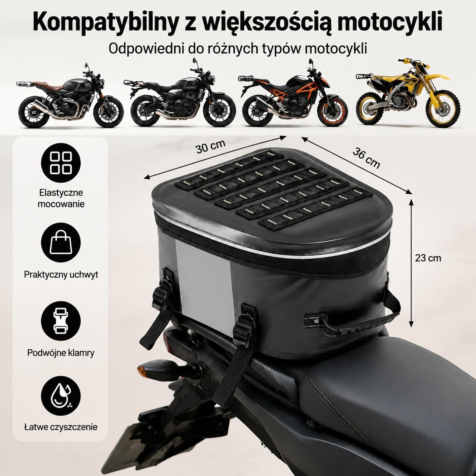 Torba motocyklowa tylna 28 L, czarna sakwa na siedzenie pasażera z kieszenią i regulowaną klamrą, do bagażnika