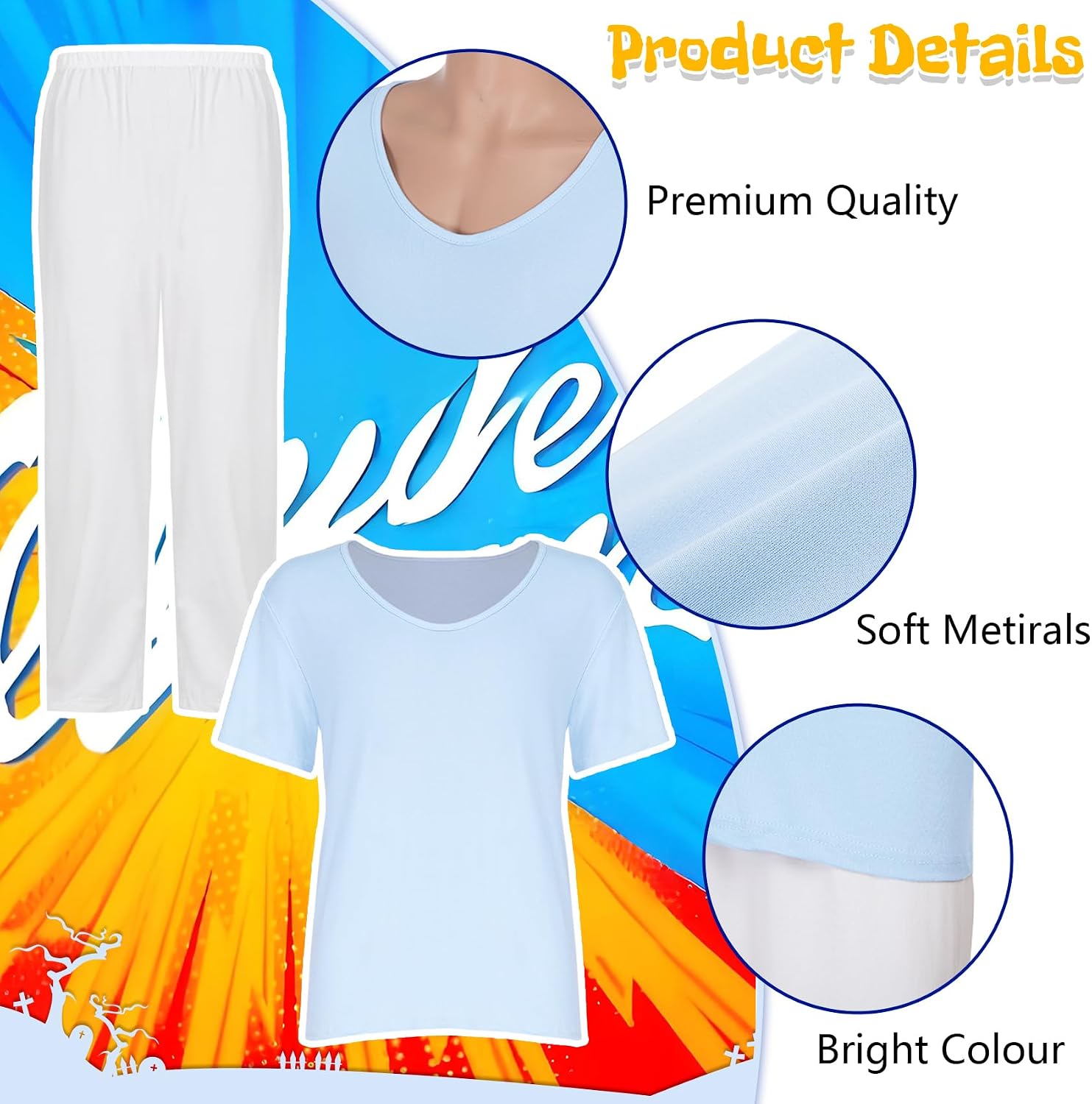 5 Pcs Halloween Costume Men Blue T-shirt Pants Wig for Halloween Party image 2
