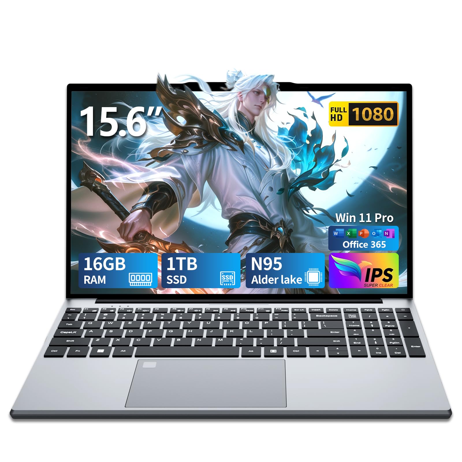 Win11 Notebook, 15.6 Pollici PC Portatile 16GB RAM DDR4 1TB SSD, 180° Flip FHD 1080P Laptop Office 365, Celeron N95 CPU, Webcam/BT4.2/USB3.0, Tastiera Retroilluminata/Sblocco Impronta Digitale