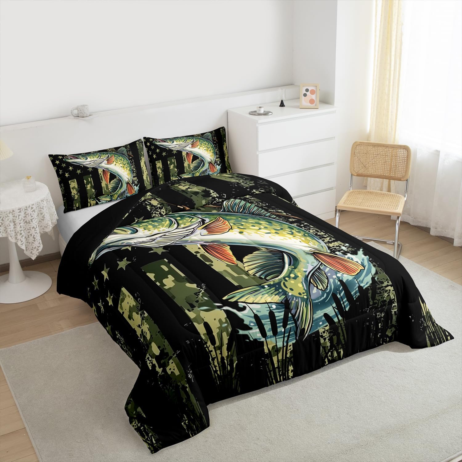 Feelyou Big Pike Fishing Comforter Set All Season Camo Bedding Set with 1 Pillow Cases Hunting and Fishing Kids Twin Bedclothes Camouflage Bedroom Decor Duvet Quilt Breathable Soft Lightweight
