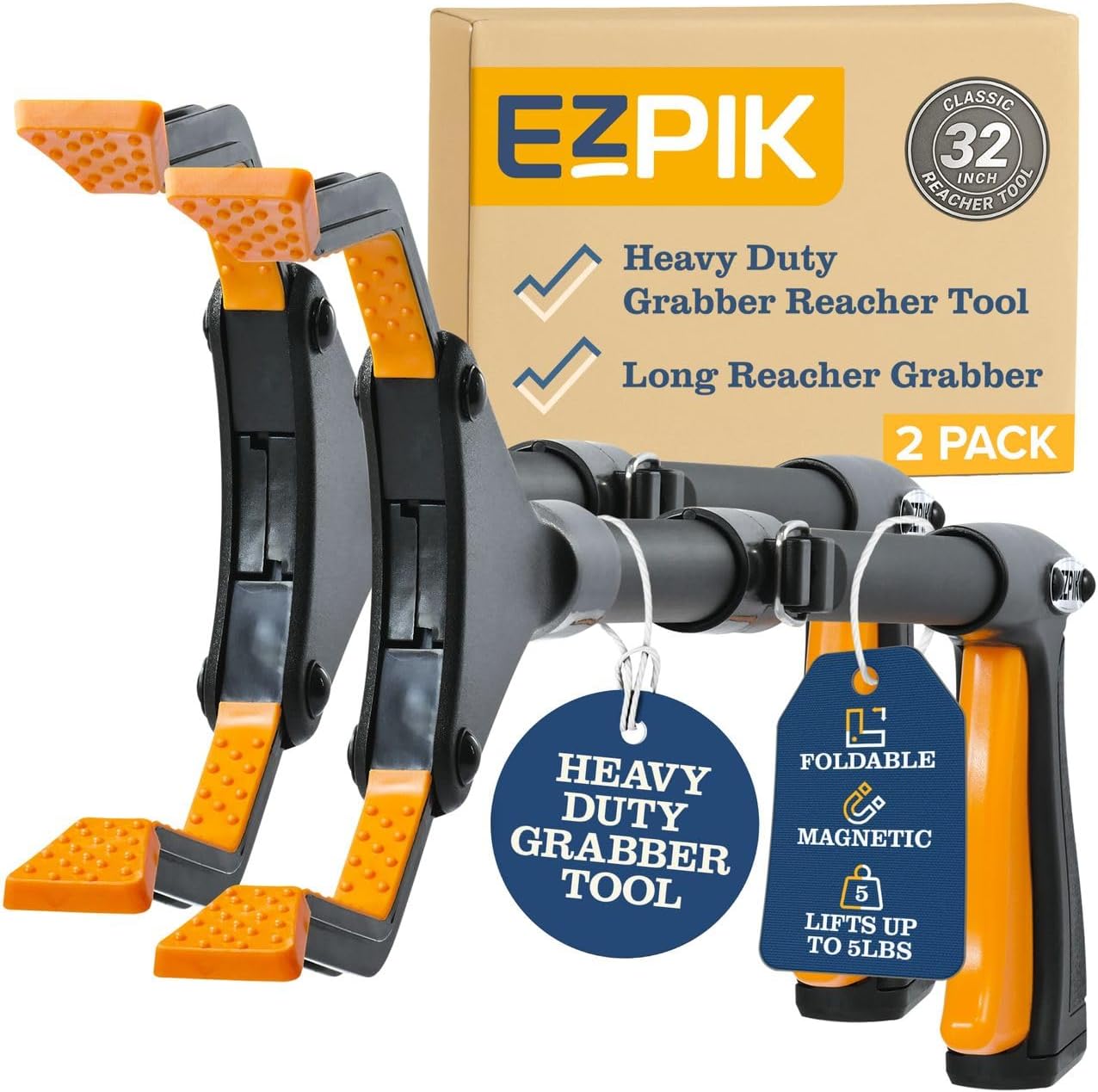 2 x EZPIKยฎ 32" Folding Reacher Grabber Pickup Tool - Grabbers for Elderly Grab It Reaching Tool Heavy Duty - Standard Size Trash Picker Upper Tool - Grabber Tool Reacher Tool Heavy Duty (2 Pack)