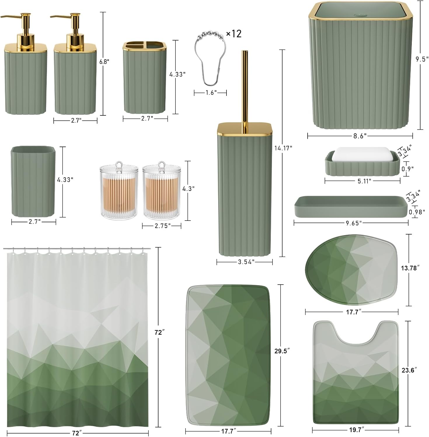 XLHOMO Bathroom Accessory Set - 26PC Bathroom Shower Curtain and Rug Set, Bathroom Accessories Set, Sage Green Bathroom Set with Trash Can, Toilet Brush, Qtip Holder & Soap Dispenser