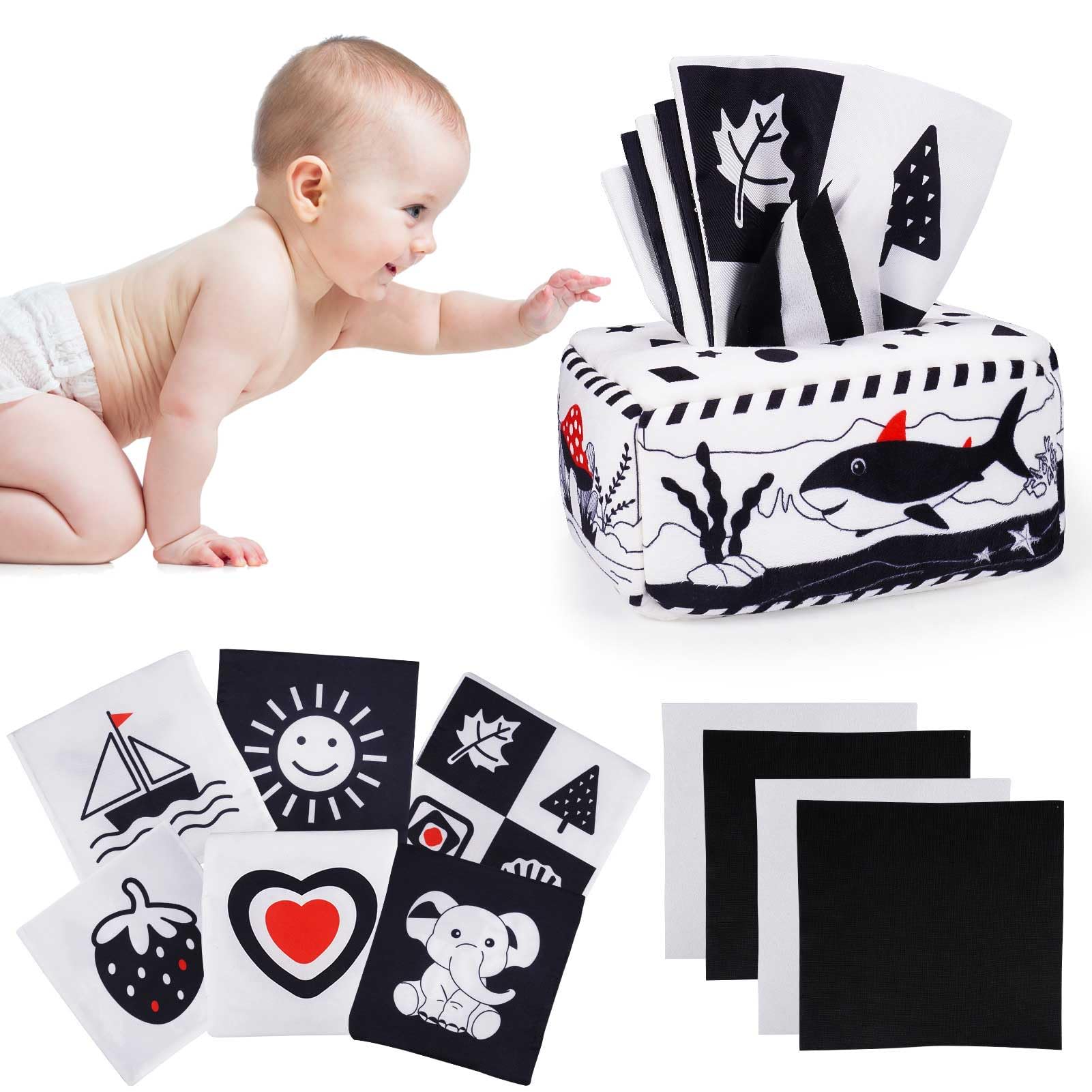 Baby Toys 0-6 Months, Black and White Sensory Toys for Babies Baby Tissue Box Toy Baby Toys 6-12 Months Plus Baby Essentials for Newborn Baby Boy Girl Gift Baby Sensory Toys 0-12 Months