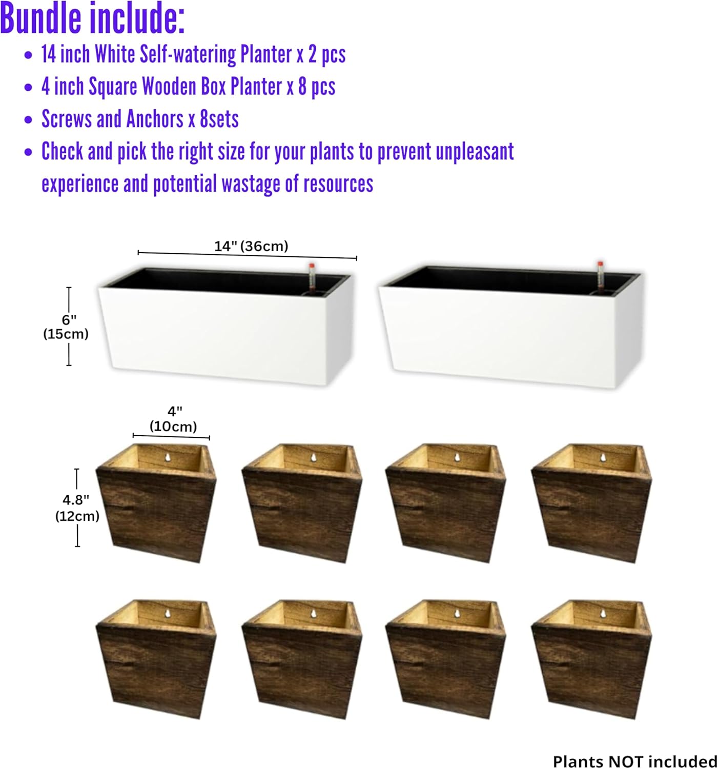 LaLaGreen Bundle - 2 Pack, 14 Inch White Rectangular Self Watering Planter Box for Indoor Plants + 8 Pack, 4 Inch Small Wooden Boxes Square Wall Mounted Planters Hanging Flower Pot Outdoor Fence Decor