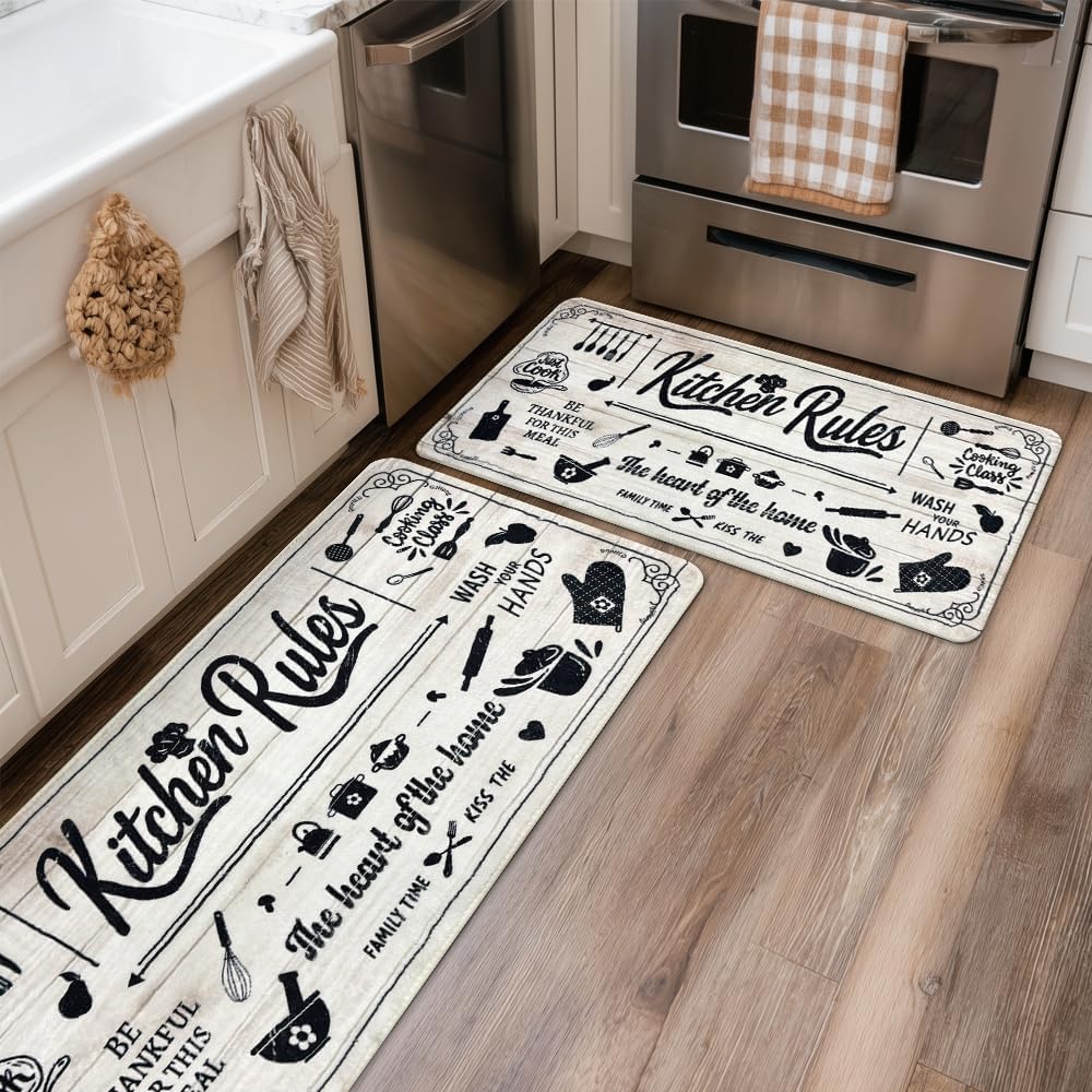 Kitchen Mats 20x47inch High Pile Rug,Thickened Kitchen Rug Kitchen Rules Theme Rugs Waterproof Non-Slip Rugs Comfort Standing Mat for Kitchen, Laundry Room, Farmhouse Home Decor