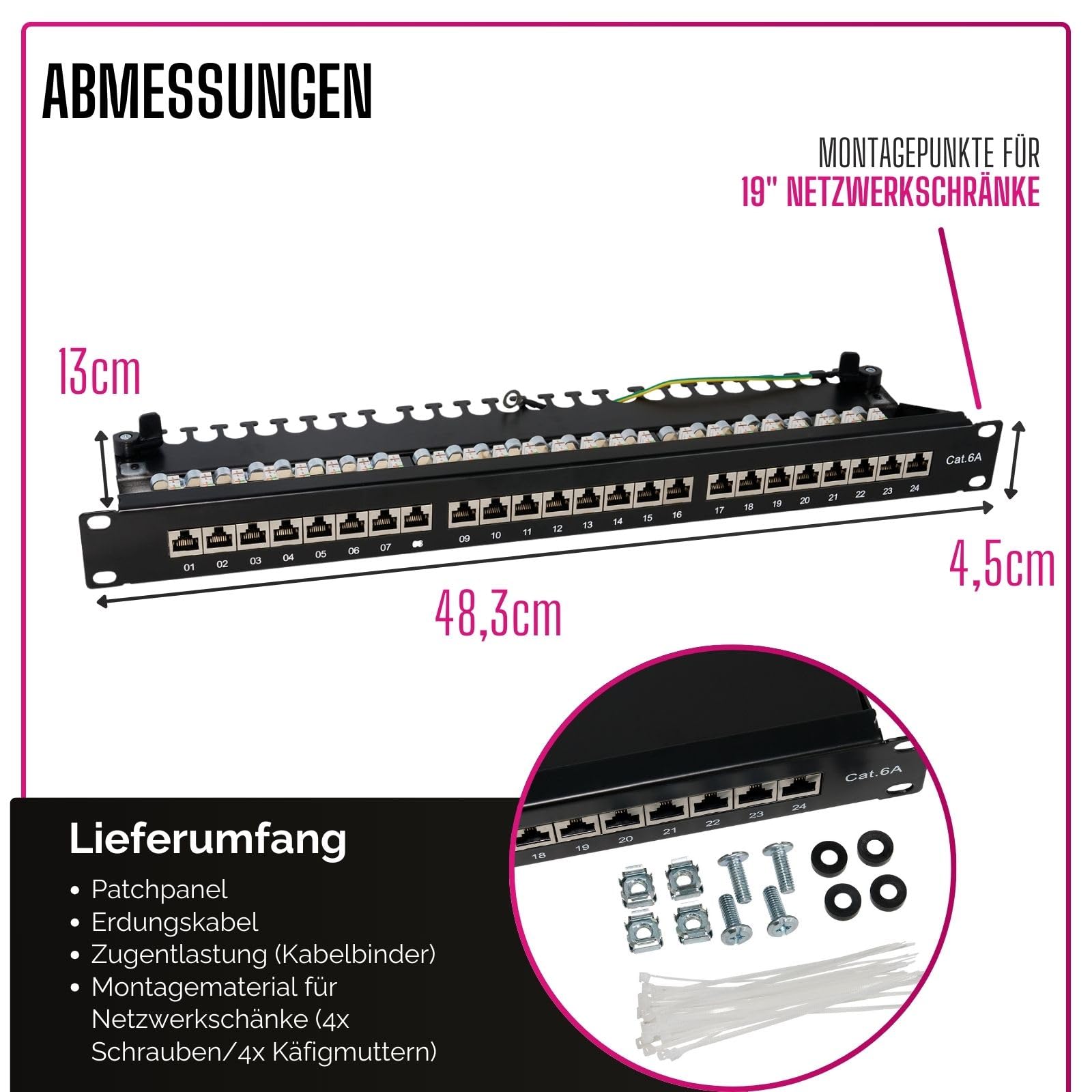 Patchpanel 24-Port CAT 6A I Patchfeld 19 Zoll Rackeinbau | Anschluss Front über RJ45 Buchse I Anschluss Rückseite über LSA+ I vollgeschirmt I TIA568A TIA568B I Schwarz