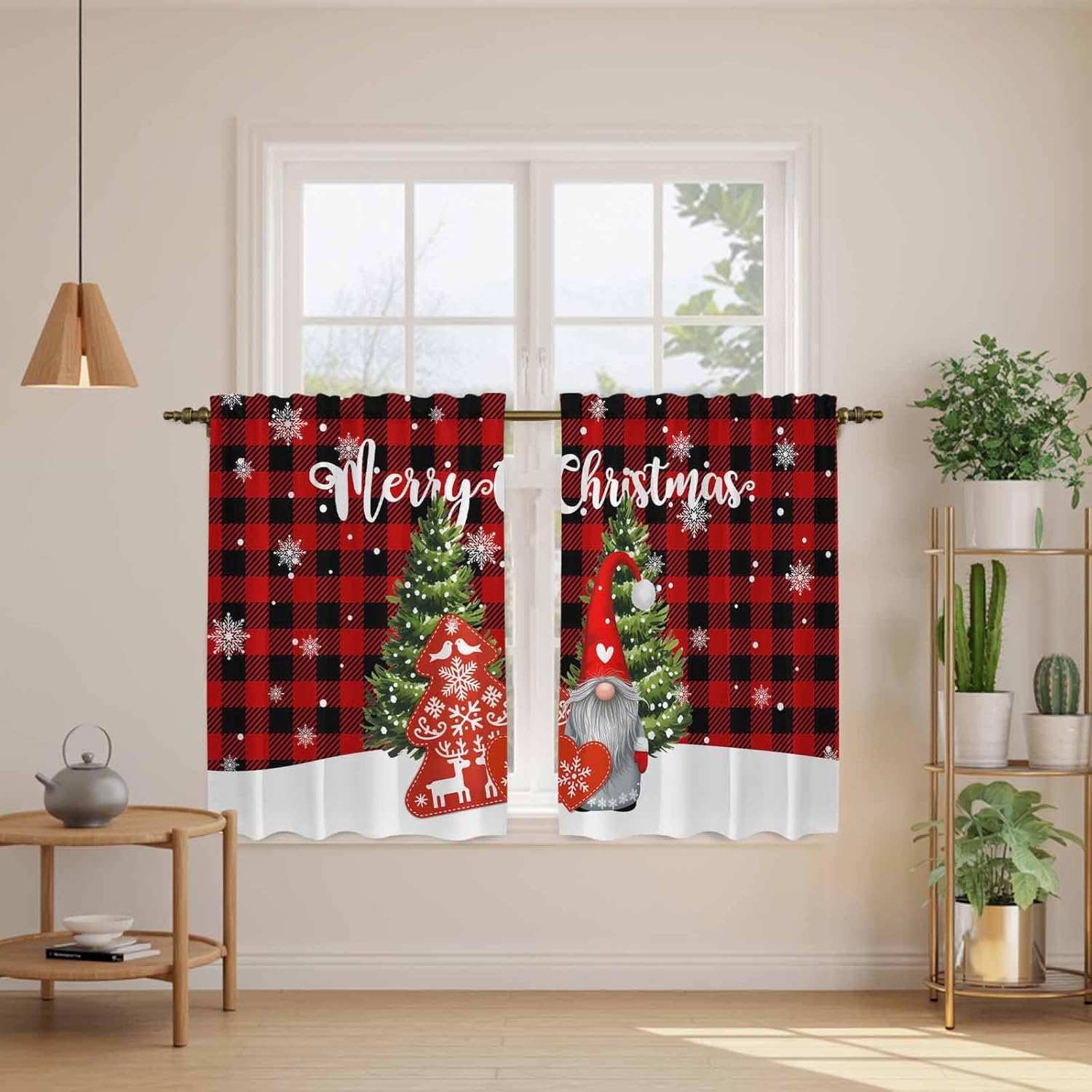 Christmas Gnomes Kitchen Tier Curtains 45 Inch Long 2 Panel Set,Rod Pocket Short Window Treatment,Red Black Plaid Xmas Trees Snowflake Curtains & Drapes for Bathroom Basement 27.5"W x 45"L
