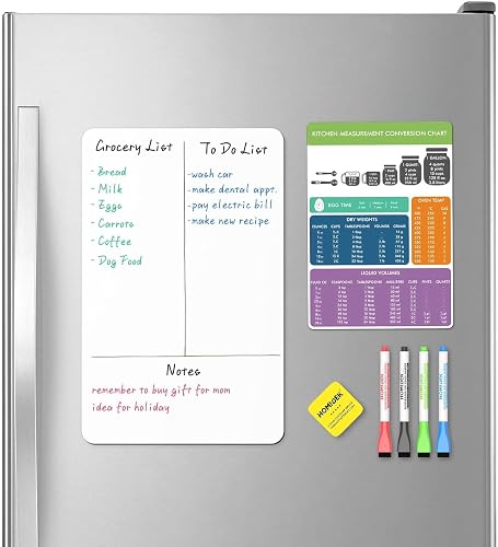 Magnetic Dry Erase Board: Small Fridge Whitboard, Flexible Refrigerator Magnet White Board, Blank Writing Note Sheet with Kitchen Conversion Chart Magnet, 4 Markers & Eraser - 12 x 8,