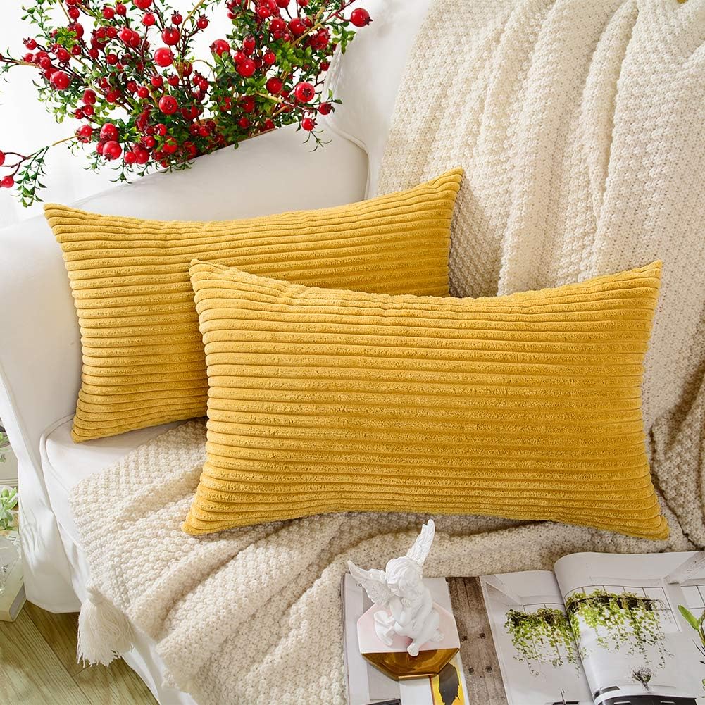 MERNETTE Pack of 2, Corduroy Soft Decorative Rectangle Throw Pillow Cover Cushion Covers Pillowcase, Home Decor Decorations for Sofa Couch Bed Chair 12x20 Inch/30x50 cm (Striped Grass Yellow)