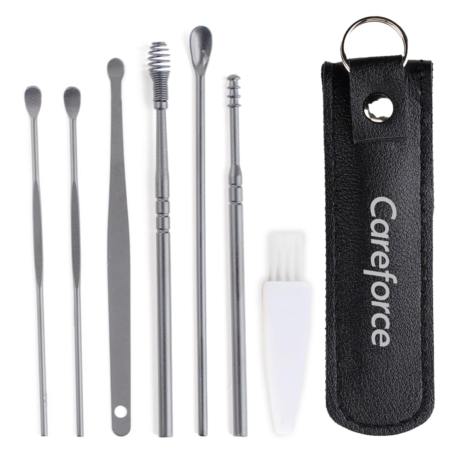 Careforce Ear Wax Cleaner - Resuable Ear Cleaner Tool Set with Storage Pack - Ear Wax Remover Tool Kit with Ear Curette Cleaner and Spring Ear Buds Cleaner 6 Pcs Set Silver