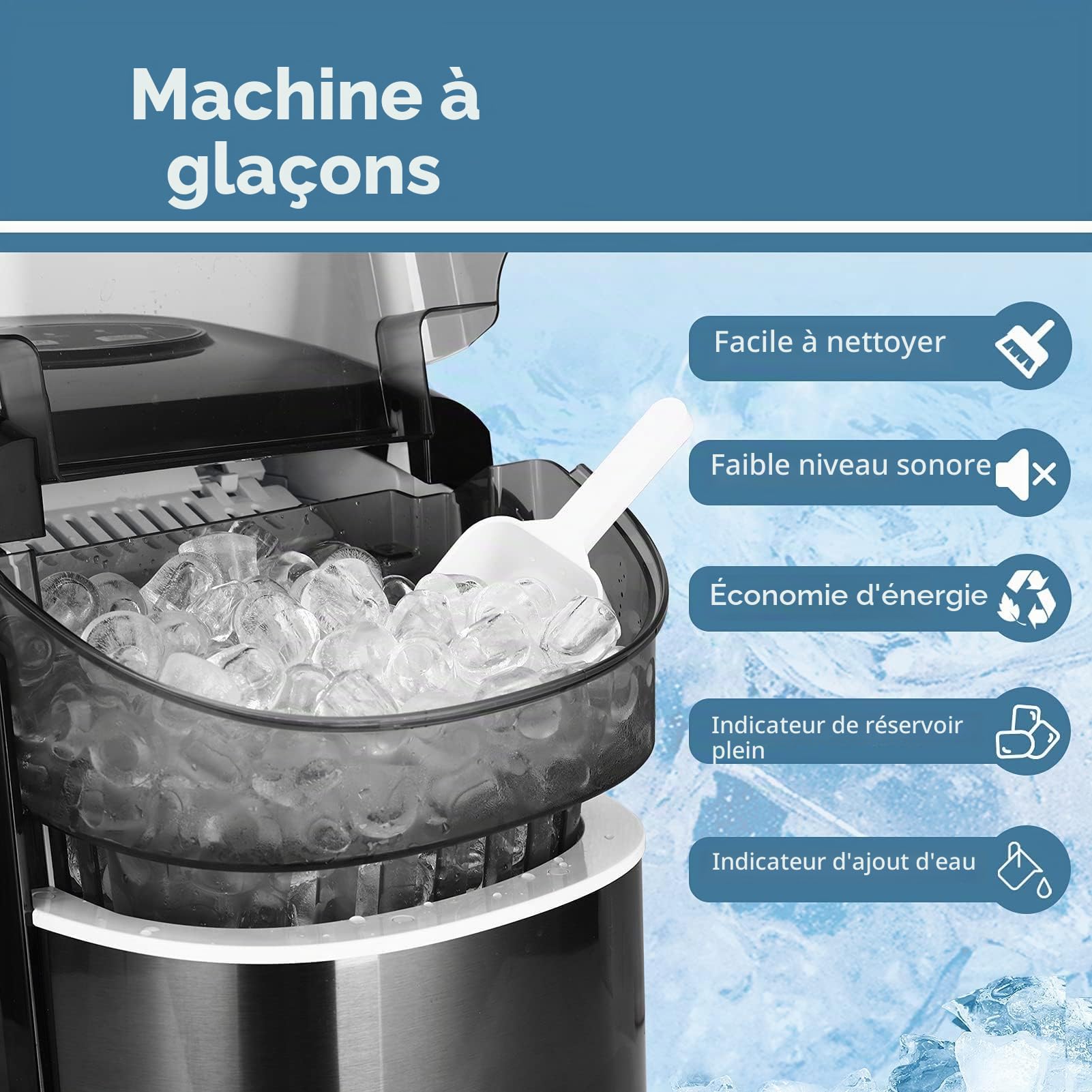 Machine à Glaçons, Machine a Glaçons 12kg en 24h, 9 Glaçons par 6 Min, Fenêtre Panoramique Visible, Machine à Glace avec Pelle à Glace et Panie, Silencieuse avec Fonction Autonettoyante