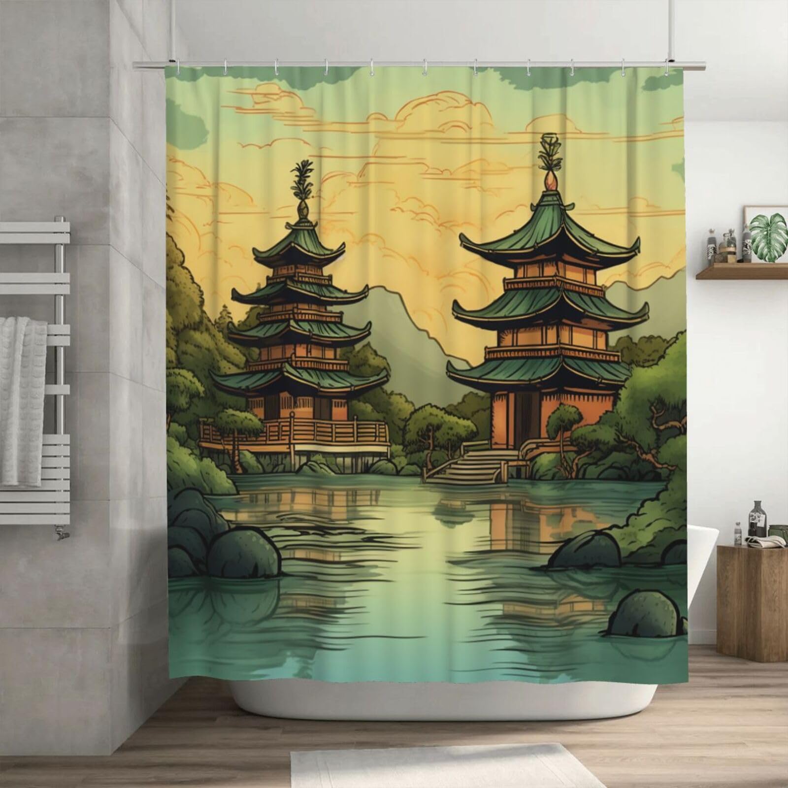 Rideau de douche imperméable 182x182 cm avec 12 crochets motif pagodes