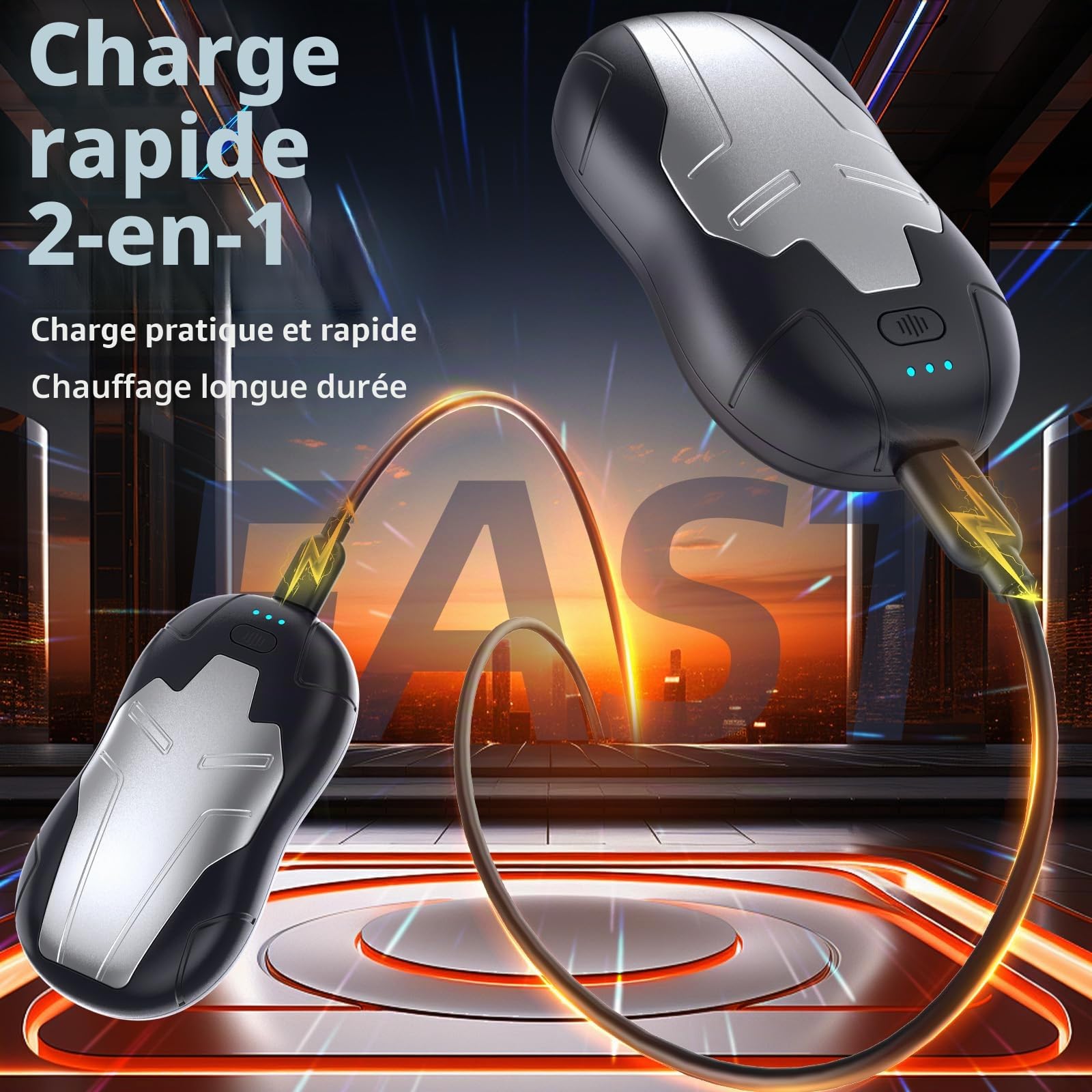 Chauffe Main Rechargeable,10000mAh Chaufferette Main Reutilisable Iron Man,2024 Ddernière Lot de 2 Chauffe Main Electrique Portables,Adaptés pour Extérieur&Intérieur,Camping-Noir Argent
