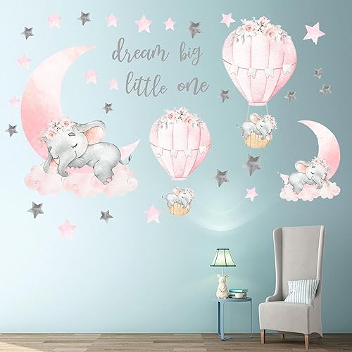 Calcomanías de pared de elefante, luna rosa, estrella, globo de aire caliente, calcomanías de animales para niños, guardería, dormitorio, decoración