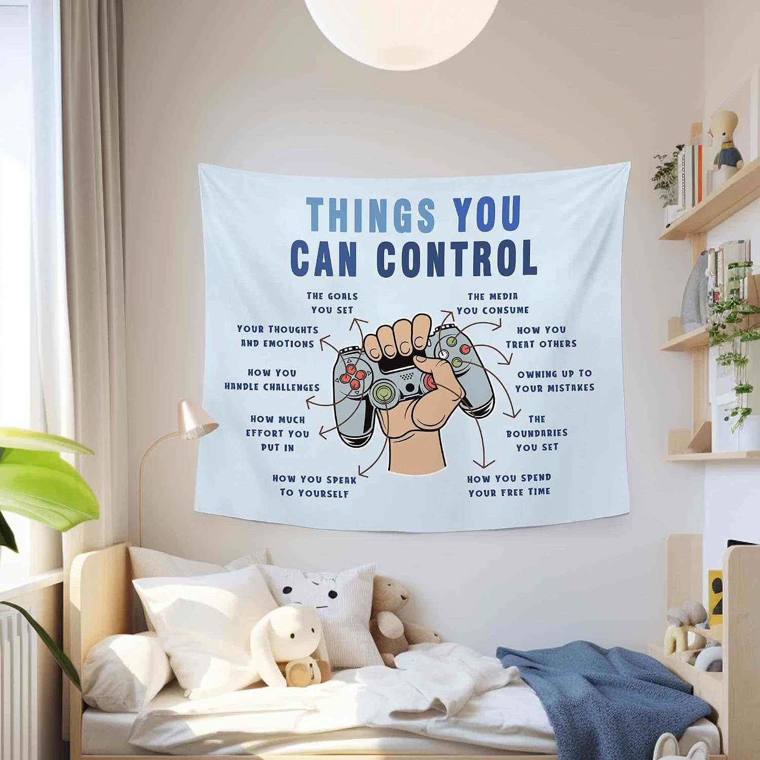 MNOSAIOO Inspirational Gaming Gamer Game Wall Tapestry Hanging for Classroom Kids Boys, Things You Can Control Tapestry, Blue Mental Health Tapestries Wall Decor for Bedroom Therapy Office Home 60x50in