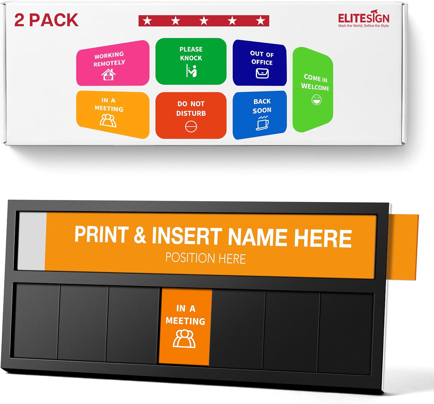 2 Pack Office Door Sign, 7 Options:Do Not Disturb,Come in Welcome, In A Meeting,Out Of Office, Please Knock, Back Soon, Working Remotely, 2-Way Mount for Door and Desk with Name Plate, Black