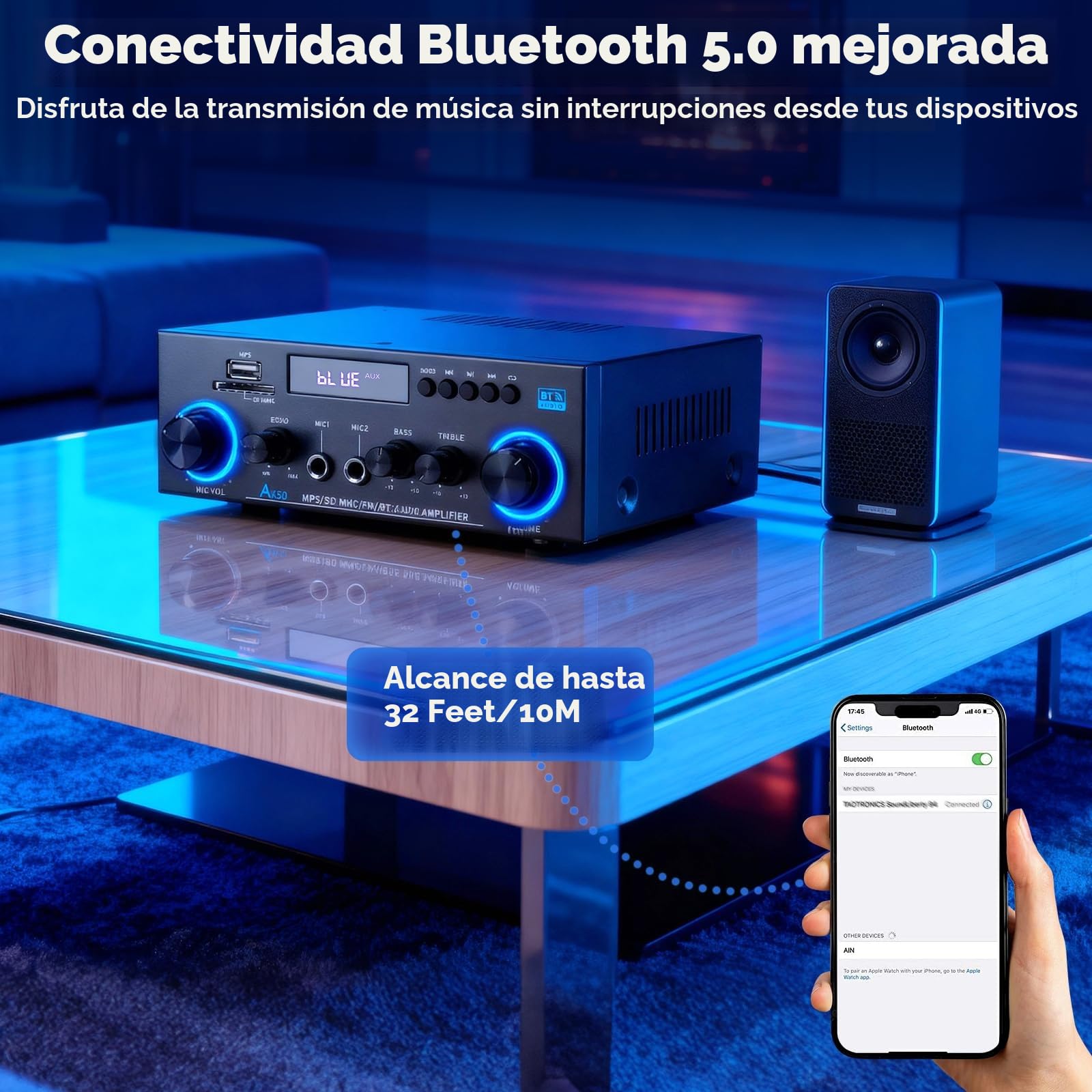Romicta AK50 Amplificador de Audio Estéreo 800W, Bluetooth 5.0, 2 Canales, con Radio FM, USB, SD, Echo, Micrófono input y Control Remoto, para Cine en Casa