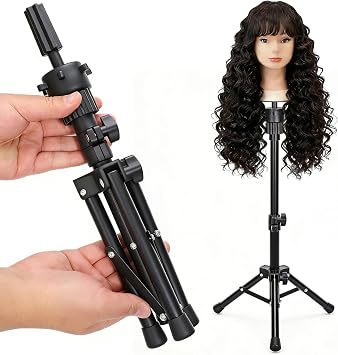 25" Mini Wig Stand Tripod, Adjustable Metal Mannequin Head Stand with 360 Rotation for Wig Styling, Hair Training, Cosmetology Practice & Canvas Block Heads Mannequin Head Not Included, Black
