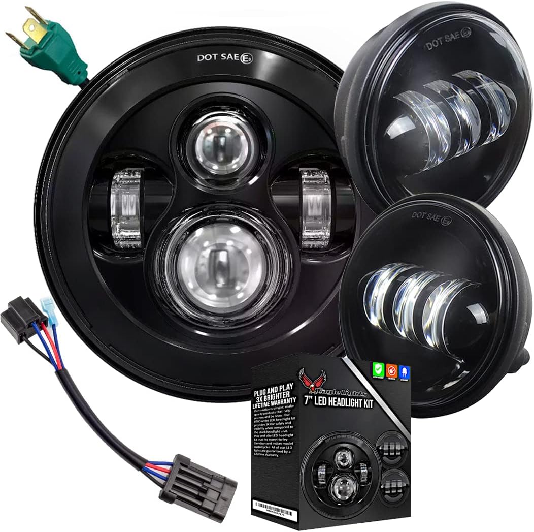 Eagle Lights 8700BPKR 7" LED Headlight with LED Spot/Passing Light Kit for Harley Davidson® and Indian® Motorcycles - Generation I/Black Kit/Add Adapter Ring