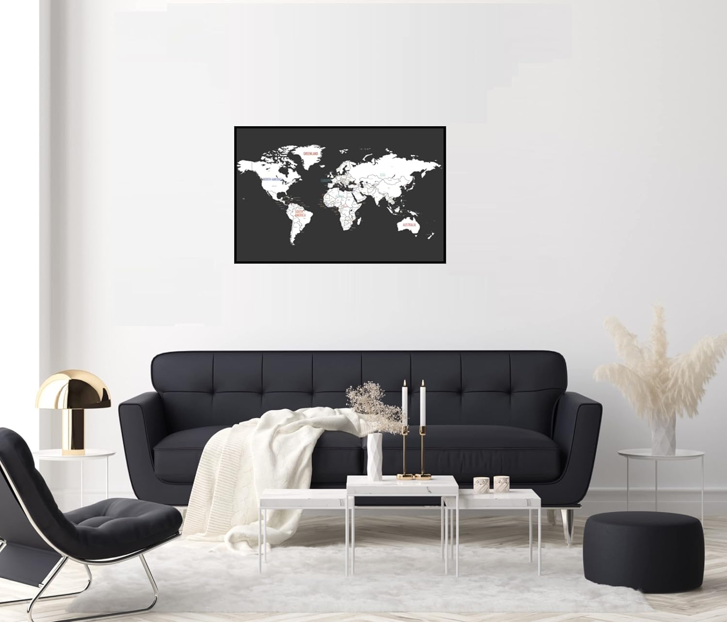 World Map Poster Wall Art, Black and White World Map Print 24x17, Modern Minimalist Map Wall Decor for Office Home