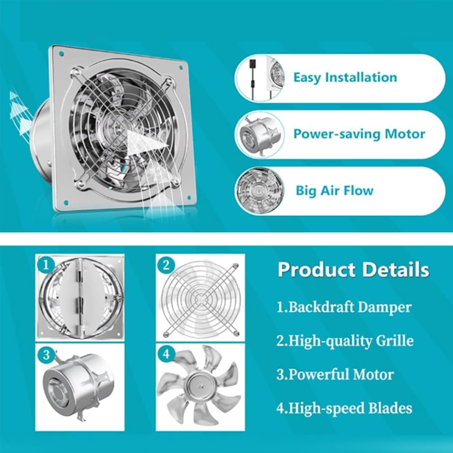 6 inches, 2800RPM Low Noise Kitchen Exhaust Fan 4 Inch-10 Inch High Air Flow Metal Ventilation Fan for Workshop,Loft (8 Inch-80W)