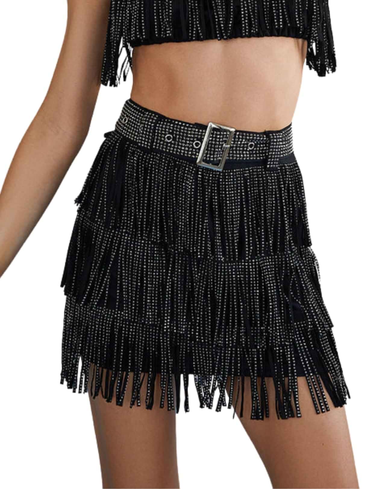 ChiyeeKiss Womens Sparkle Rhinestone Fringe Skirt Elastic Waistband Short Mini Dress with Adjustable and Removable Belt