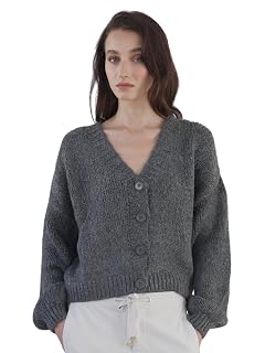 ELEGANCIA Womens Chunky Knit Cropped Cardigan Cozy Boho Button Down Sweater V-Neck Long Balloon Sleeves Relaxed Fit