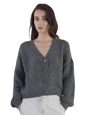 ELEGANCIA Womens Chunky Knit Cropped Cardigan Cozy Boho Button Down Sweater V-Neck Long Balloon Sleeves Relaxed Fit