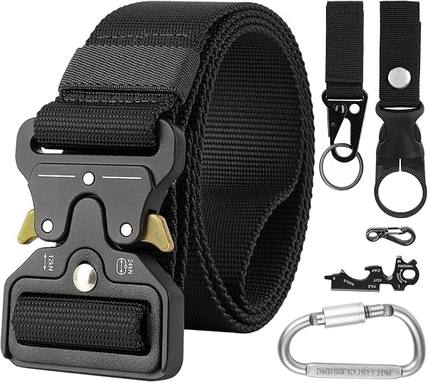 Simpeak Cintura Tattica 125cm Regolabile Nylon Militare Esercito con Moschettone+Portachiavi+Appendi Bottiglia d'acqua + Fibbia Multifunzione per Caccia Camping Outdoor Trekking Sportive - 1