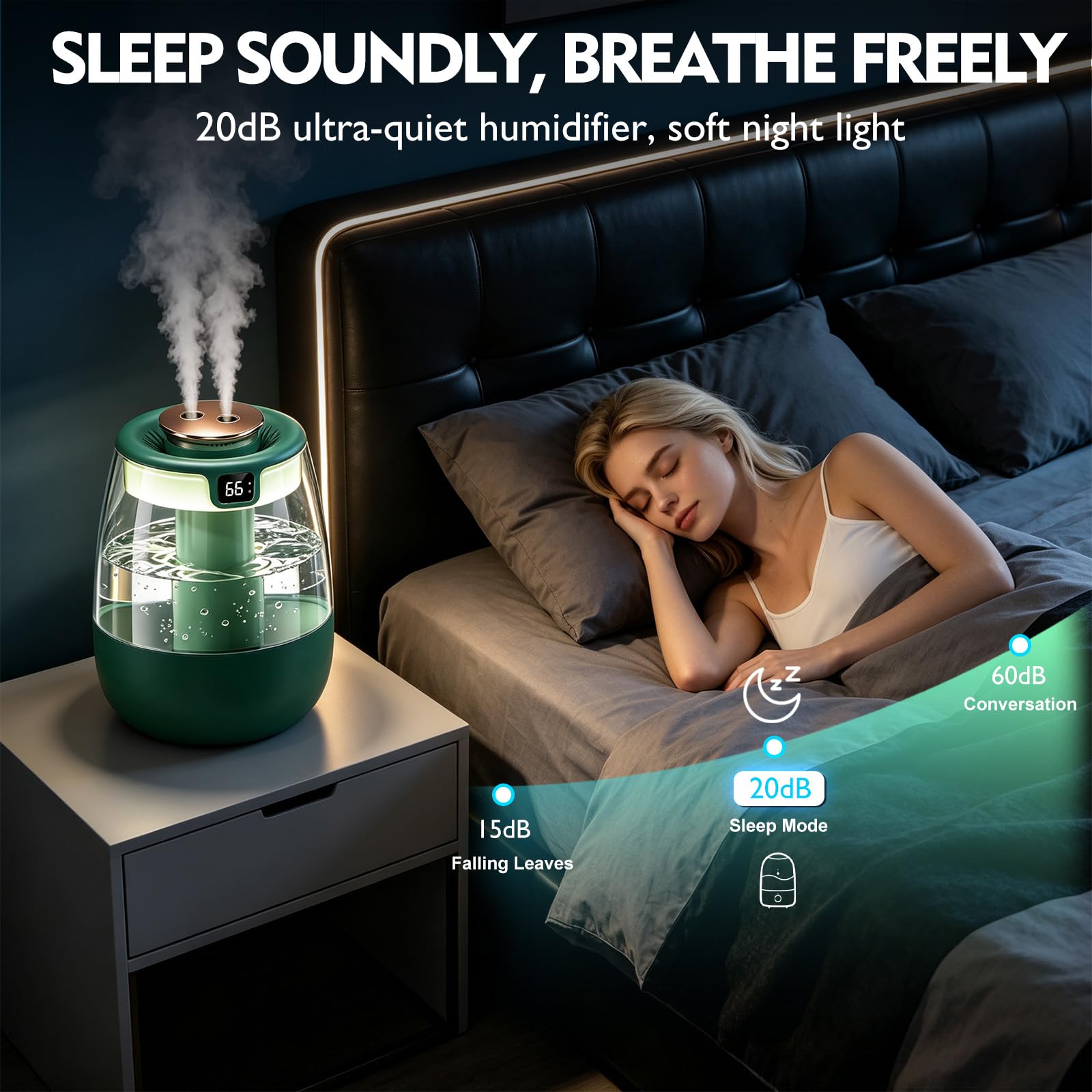 Umidificatore per camera da letto, 1,8 L 20 dB, umidificatore silenzioso a nebbia fredda, spegnimento automatico senza acqua, luce notturna e design a doppio ugello, ideale per camera da letto