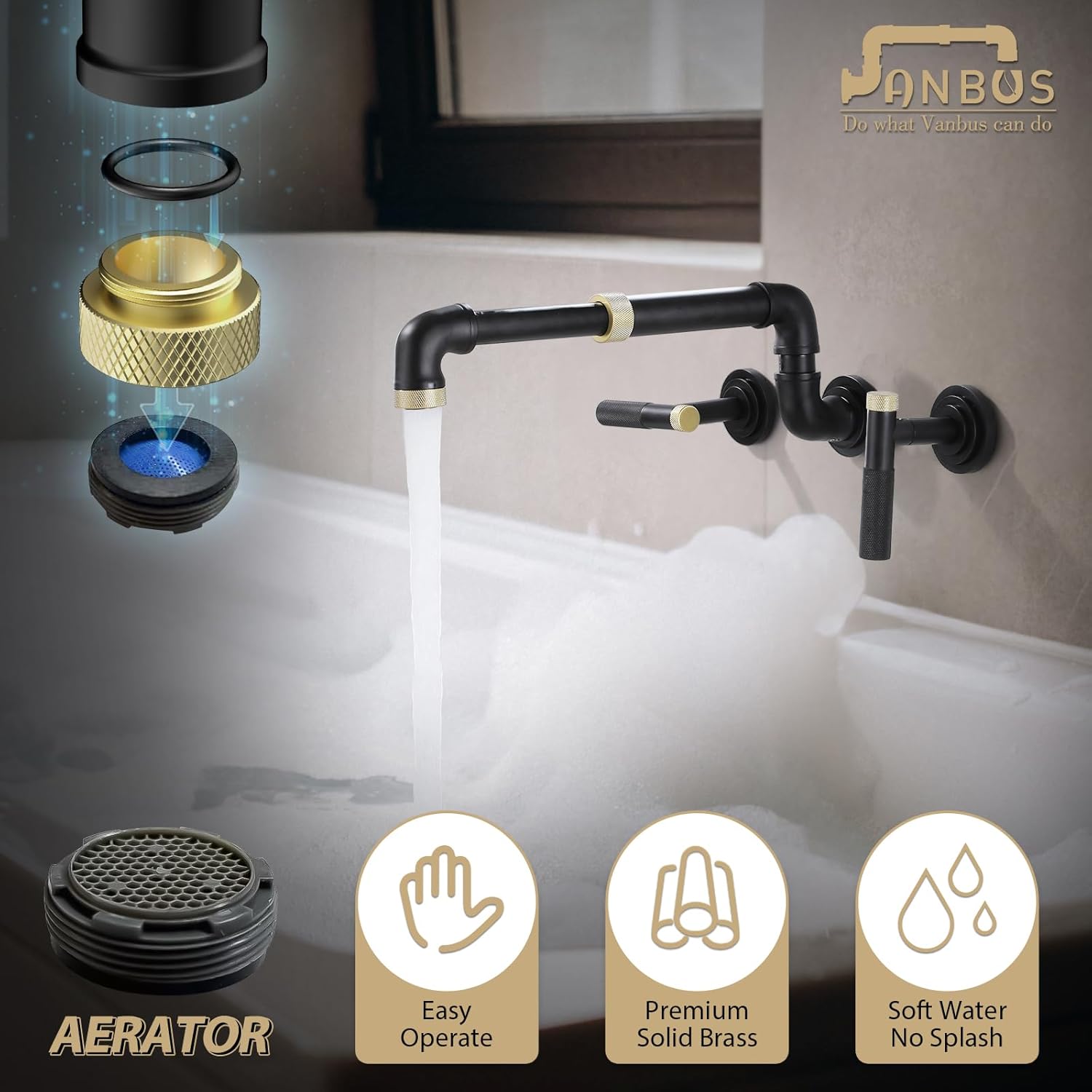 Wall-Mounted Tub Filler Black Gold Bathroom Tub Faucet High Flow with Two Handles Solid Brass, Long Spout Reach, Supported extendable and rotatable