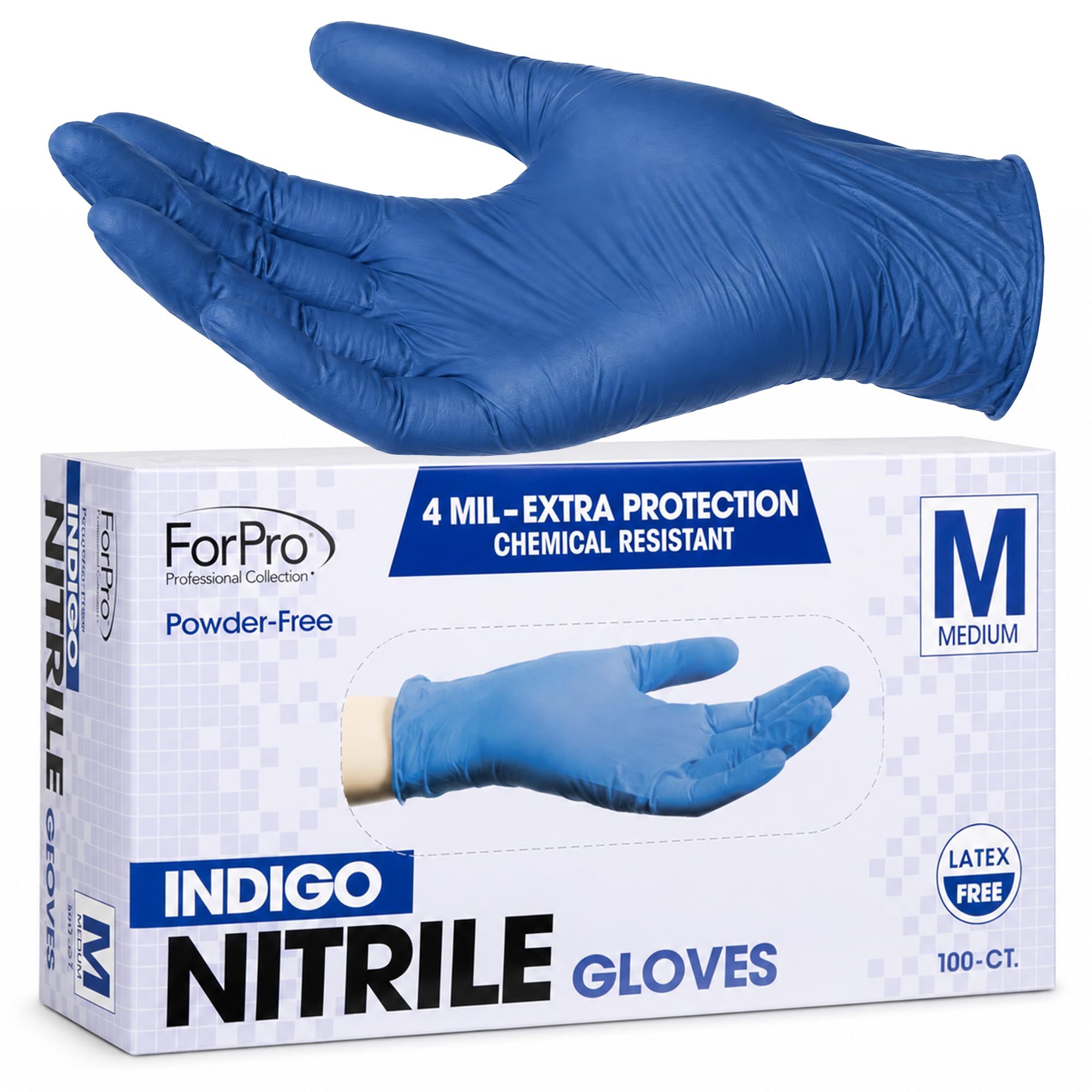 ForPro Professional Collection 100 guantes desechables de nitrilo, resistentes a los químicos, sin polvo, sin látex, no estériles, aptos para alimentos, 4 mm de grosor, índigo, talla M