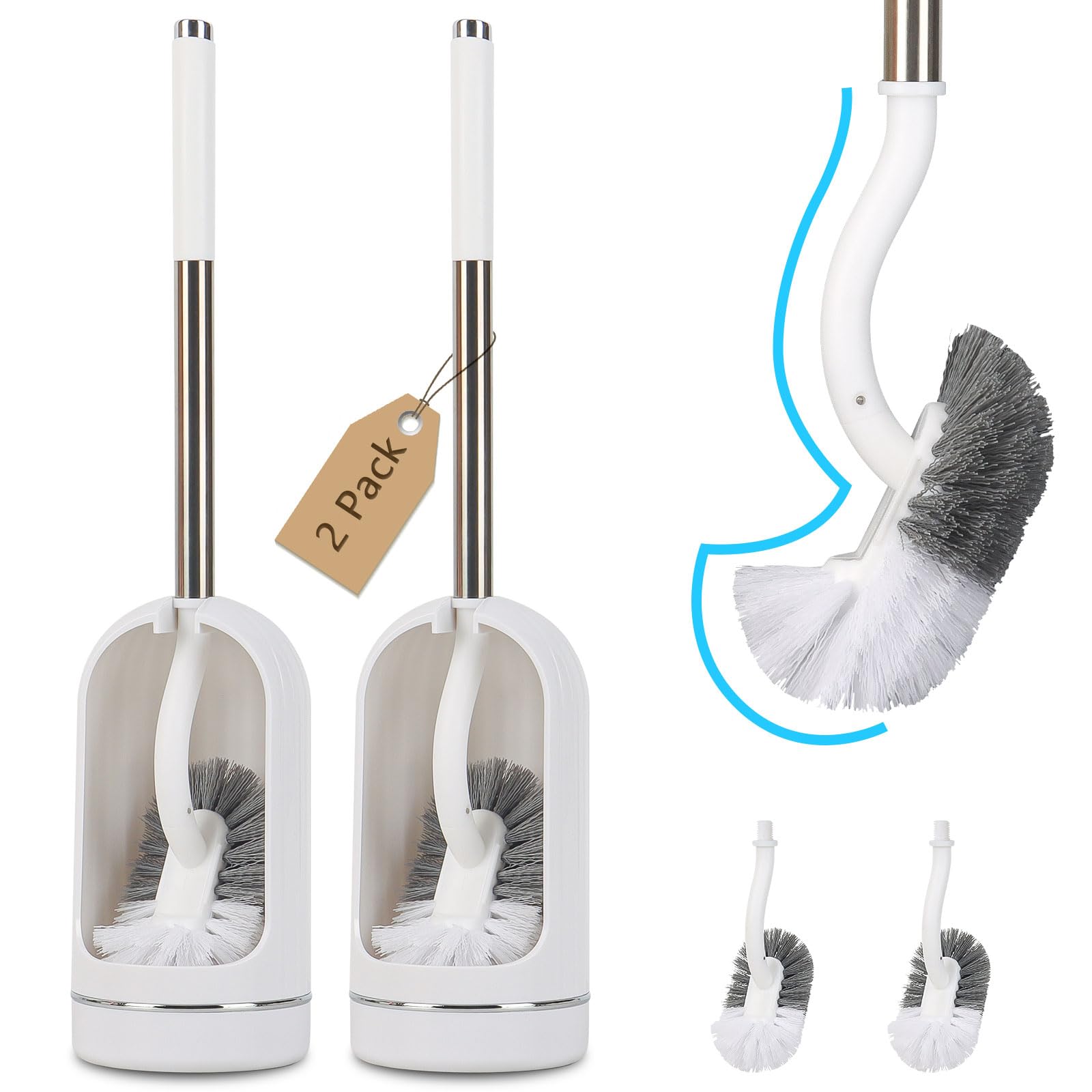Toilet Brush, Toilet Brushes with Holders, Curved Toilet Brush with Edge Cleaner, Stainless Steel & Plastic Handle, Bathroom Cleaning Brush, Loo Brush Replacement (2, White)