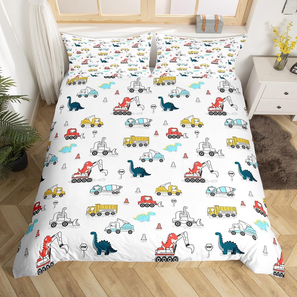 Cartoon Dino zestaw pościeli do samochodów ciężarowych, poszycie na kołdrę do samochodu, rozmiar S, do sypialni, kreskówka, dinozaury, Kawaii, zwierzęta, pościel zawiera 1 poszwa na kołdrę