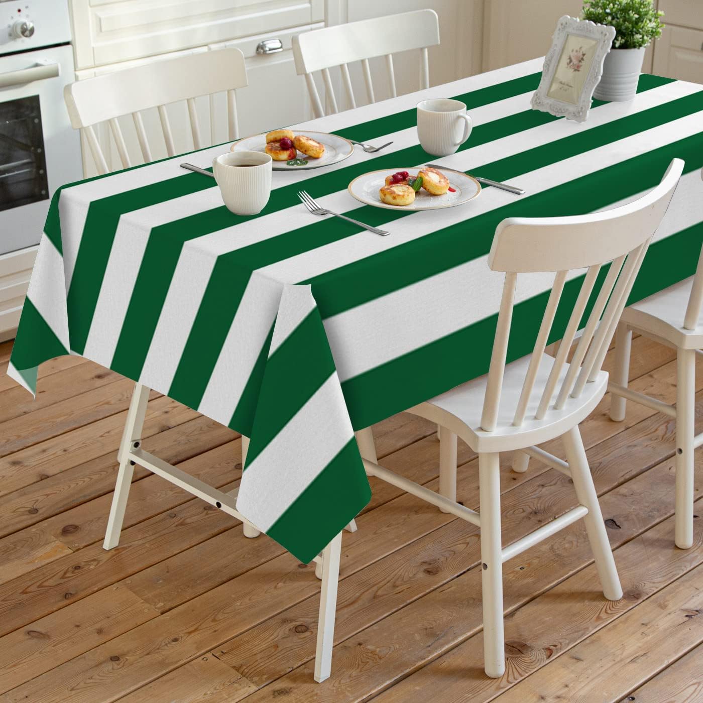 Rectangle Waterproof Table Clothes Green White Horizontal Striped Tableclothes Topper Cover St Patrick's Day Stripes Kitchen Dining Tablecloth for Indoor Outdoor Wedding Banquet Xmas Party Tables
