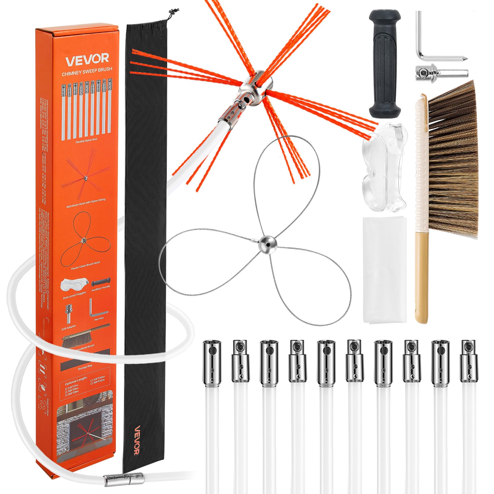 VEVOR Chimney Sweep Kit, 30 ft Maximum Extendable Length Brush, Chimney Cleaner Sweeper with Dual Brush Heads, Goggles, Fireplace Cleaning Tool for Square, Rectangle, Arch Chimneys
