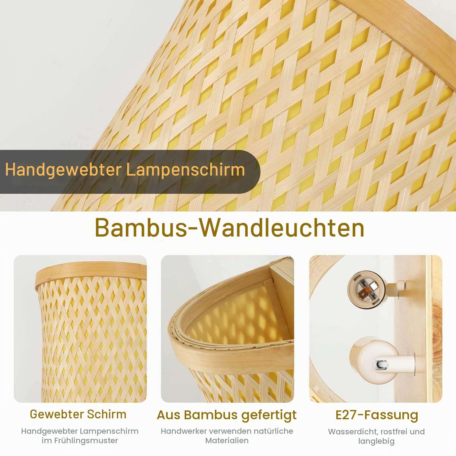 Bambus Wandleuchte Innen Boho,Holz Wandlampe Vintage Rustikales Dekor Lampe E27 Hand Gewebt Lampenschirm For Wohnzimmer Schlafzimmer Wand