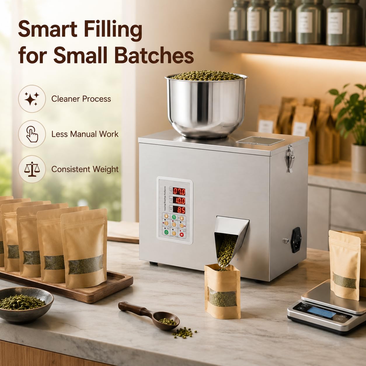 Pulverabfüllmaschine, 1–50 g, automatische intelligente Partikelwäge-Abfüllmaschine, Flaschenbeutel-Pulverfüller-Partikelspender für Teesamen, Körner, Pulver, Mehl, Bohnen, Glitzer