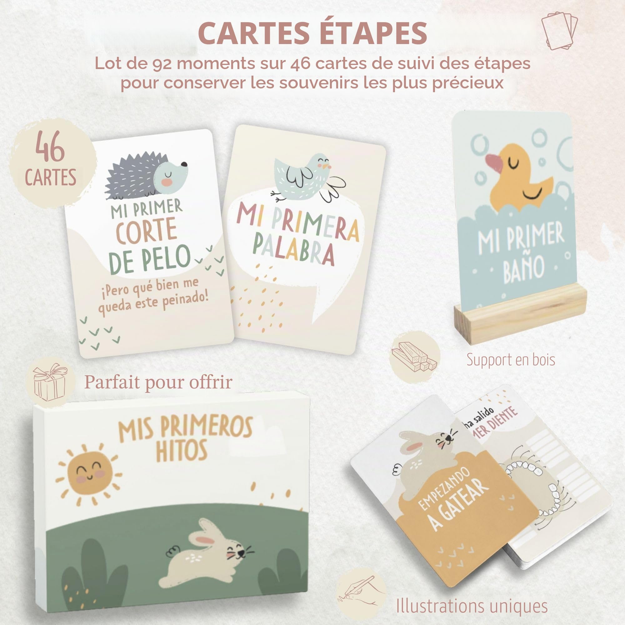 HuBorns - Carte Etape Bebe pour Suivre les Étapes les Plus Importantes, 46 Carte Mois par Mois Bebe à Offrir comme Cadeau Bebe Naissance, Cartes Etapes Bébé (Espagnol)