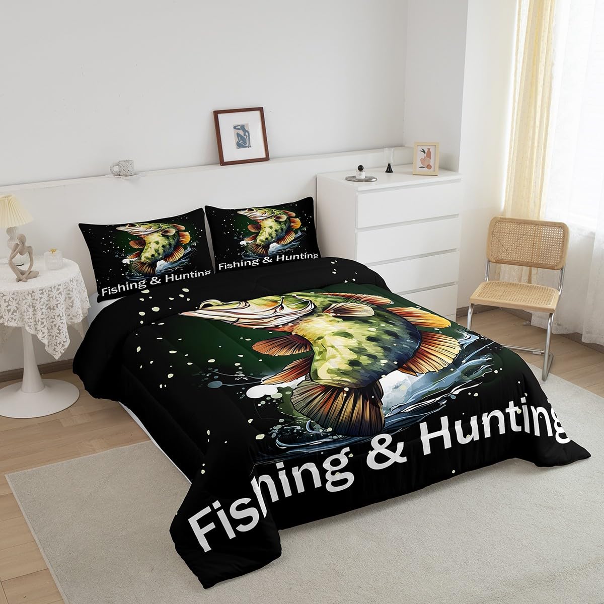 Homemissing Pike Fish Beddengoedset King Bass Grote Vis Hoeslaken voor Kinderen Jongens Meisjes Decor Vissen en Jagen Beddengoedset Vissers Vis Man Bedovertrek Diepe Zak