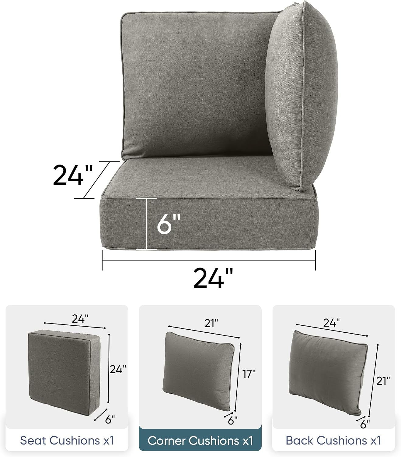 Luxury 24x24x6 Outdoor Corner Cushion 1 Set - Water-Repellent 3-Piece Cushion Set with Zipper for Outside Rattan Wicker Sofa Loveseat Chair Sectional Patio Conversation Sets - Grey/Classic thumbnail