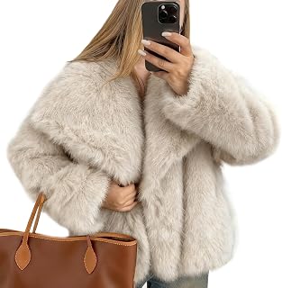 Flygo Women's Fluffy Faux Fur Coat - Soft Shaggy Short Jacket Lapel Collar Warm Winter Parka