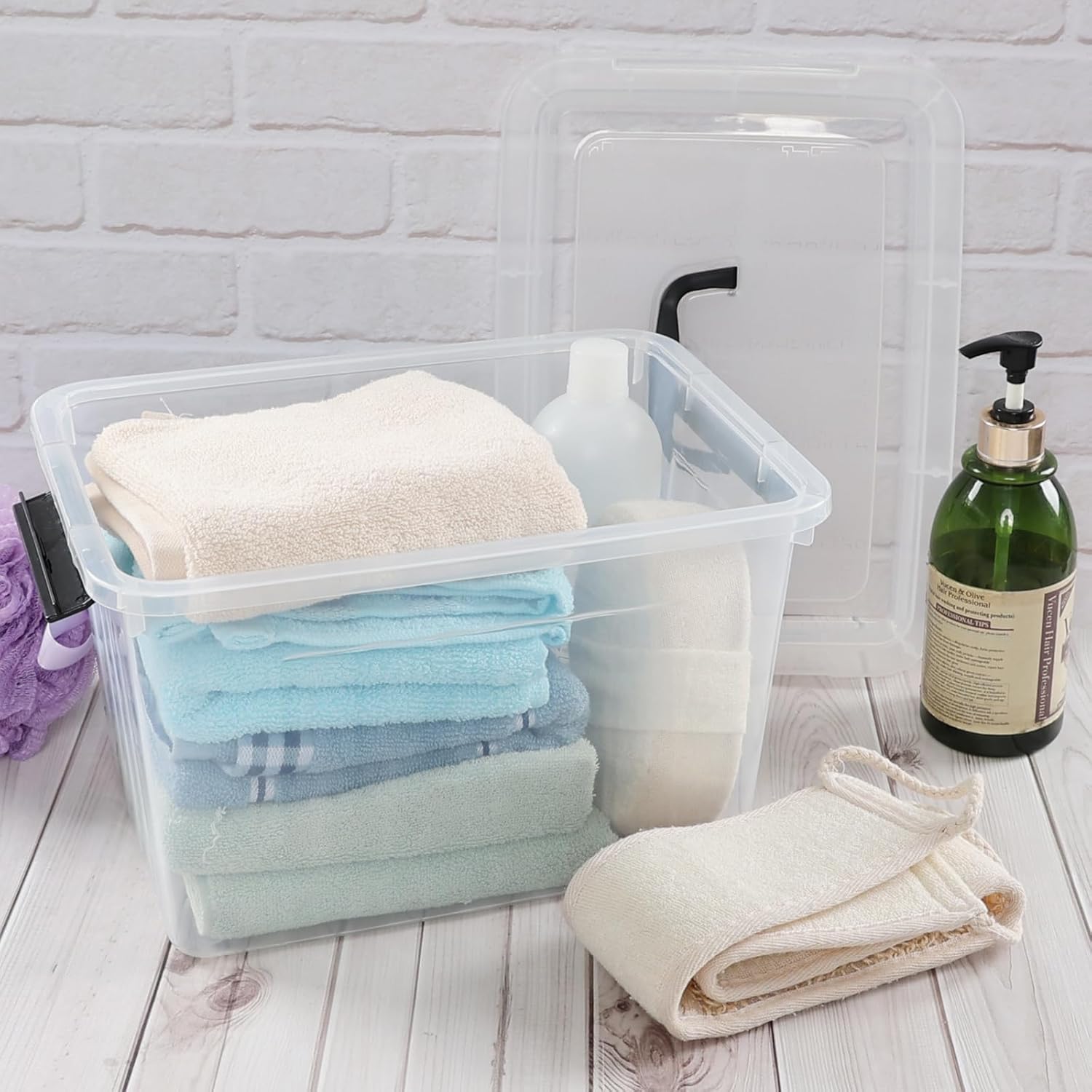 Clear Storage Latch Box 12 L, Plastic Organizing Box/Bin with Lid and Black Handles, 6-Pack
