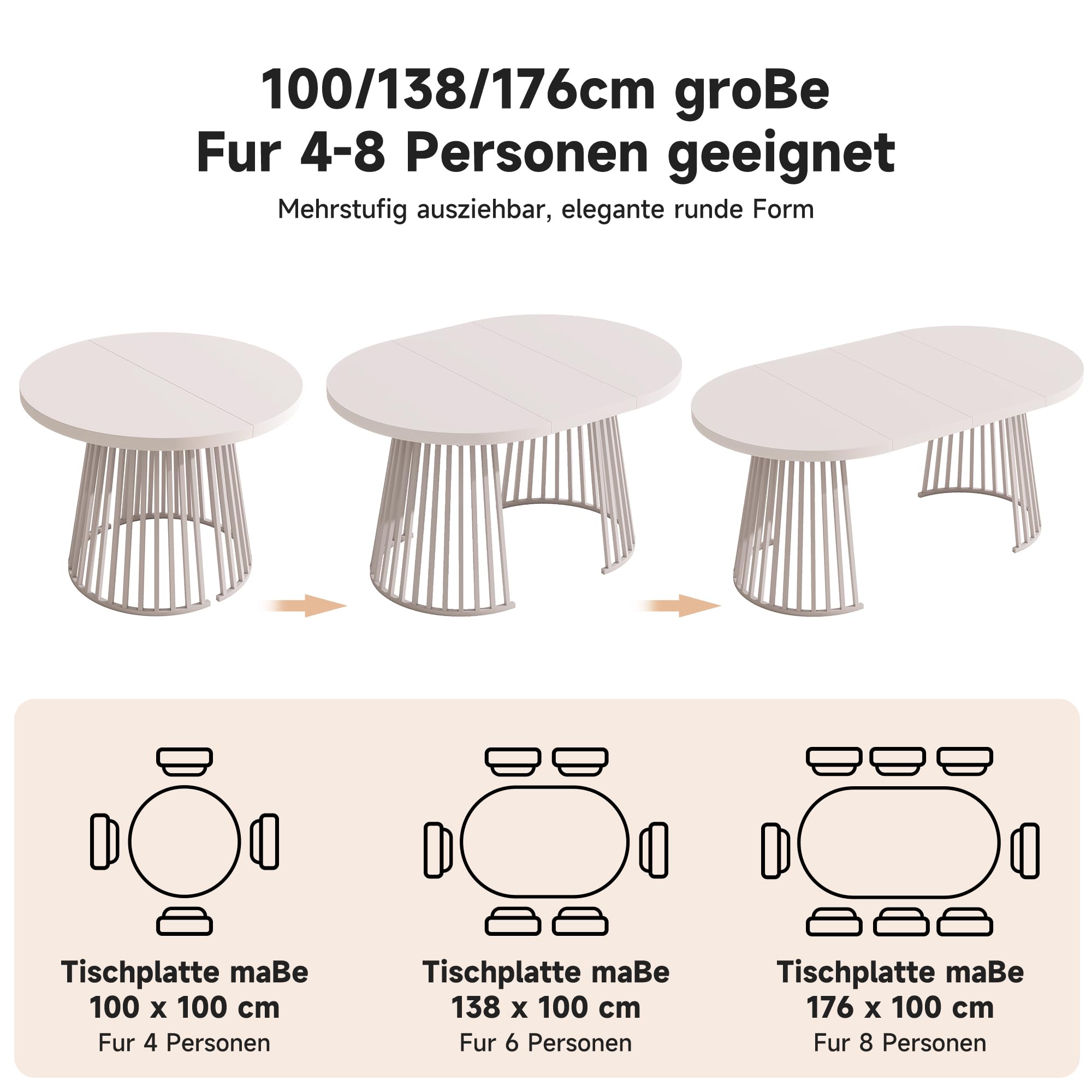 Merax Ausziehbarer runder Esstisch,Oval Tisch für 4-8 Personen,Zweiteiliges Teleskopdesign,verdickte Tischplatte, für Wohnzimmer Esszimmer Küche Büro Garten, Kaschmir-Optik,100/138/176 * 100 * 76 cm