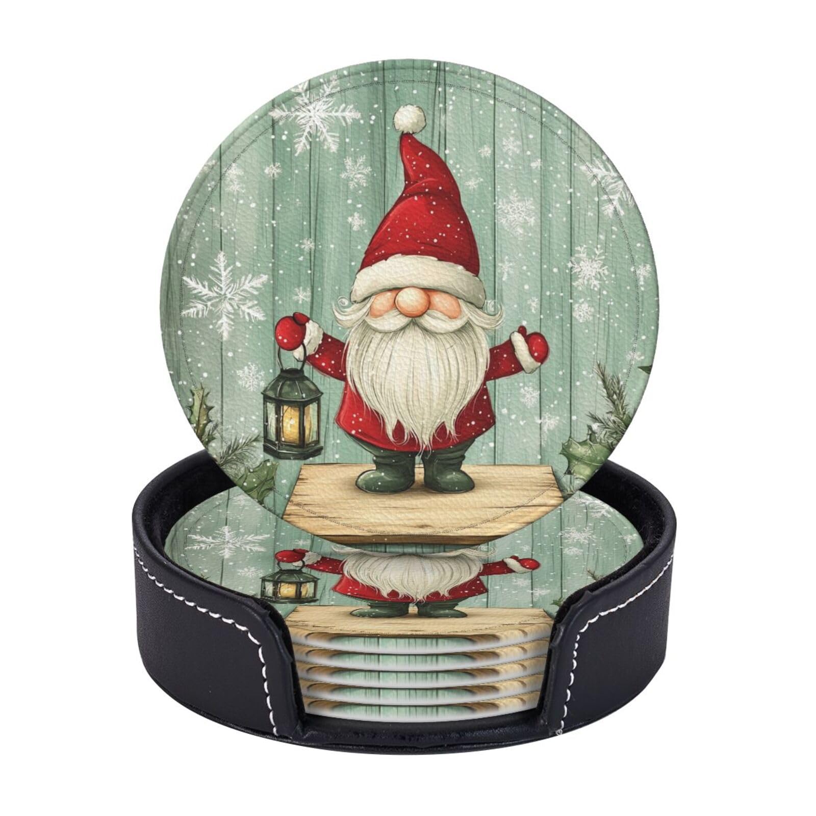 6 Pack Christmas Holly Gnome Leather Coasters for Drinks with Holder Sets Winter Xmas Heat Resistant Drink Table Cup Coasters for Kitchen Dining Cafe Holiday Decor Round